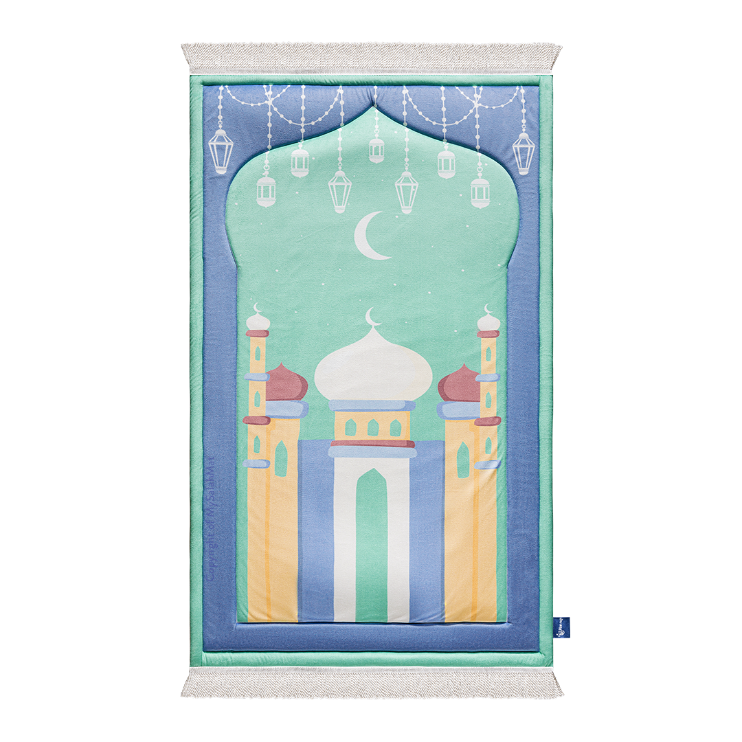 Padded Kids Prayer Mat with Aqua Mumbai Mosque Design by Urban Rugs UK
