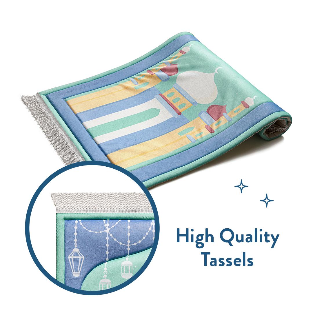 Padded Kids Prayer Mat with Aqua Mumbai Mosque Design by Urban Rugs UK