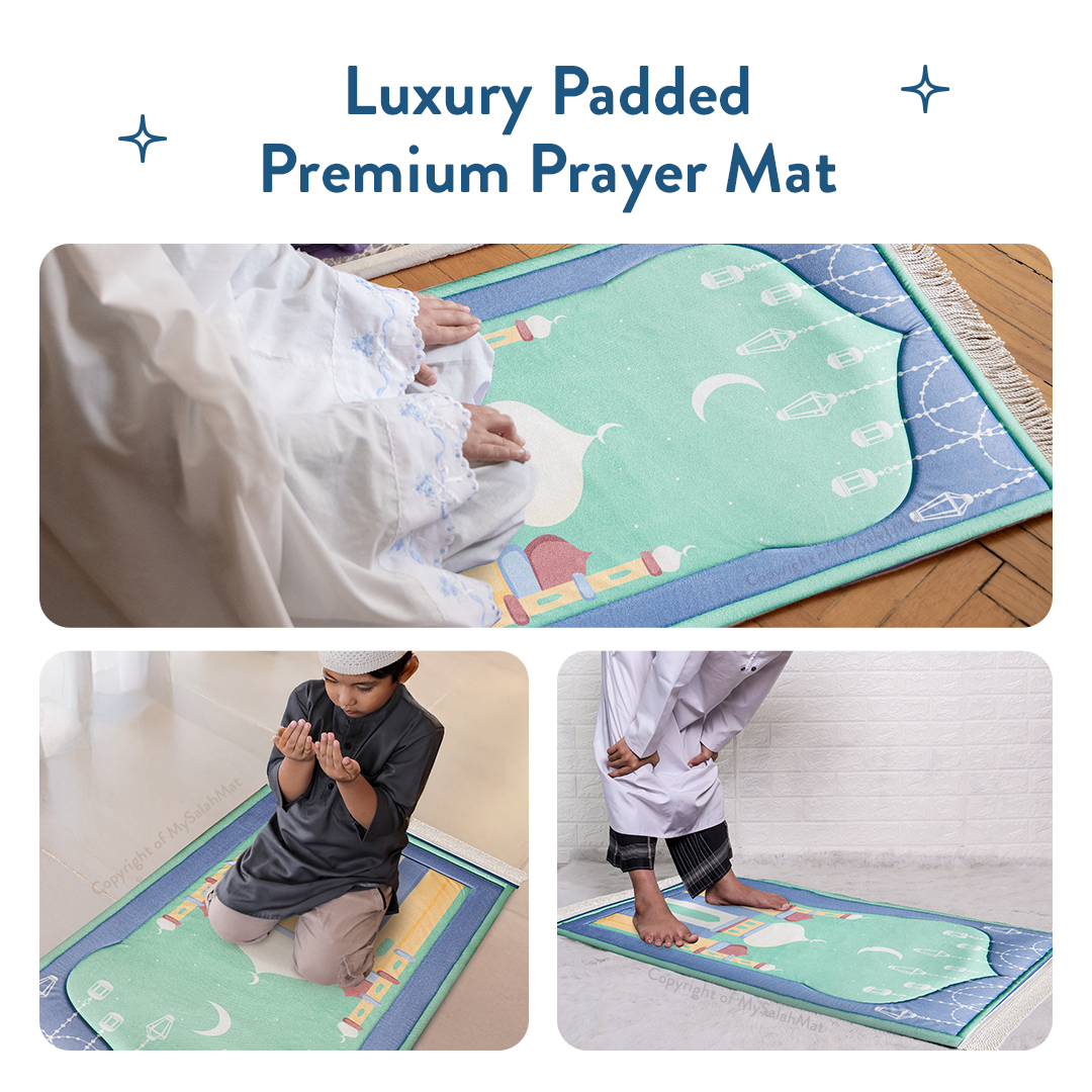 Padded Kids Prayer Mat with Aqua Mumbai Mosque Design by Urban Rugs UK