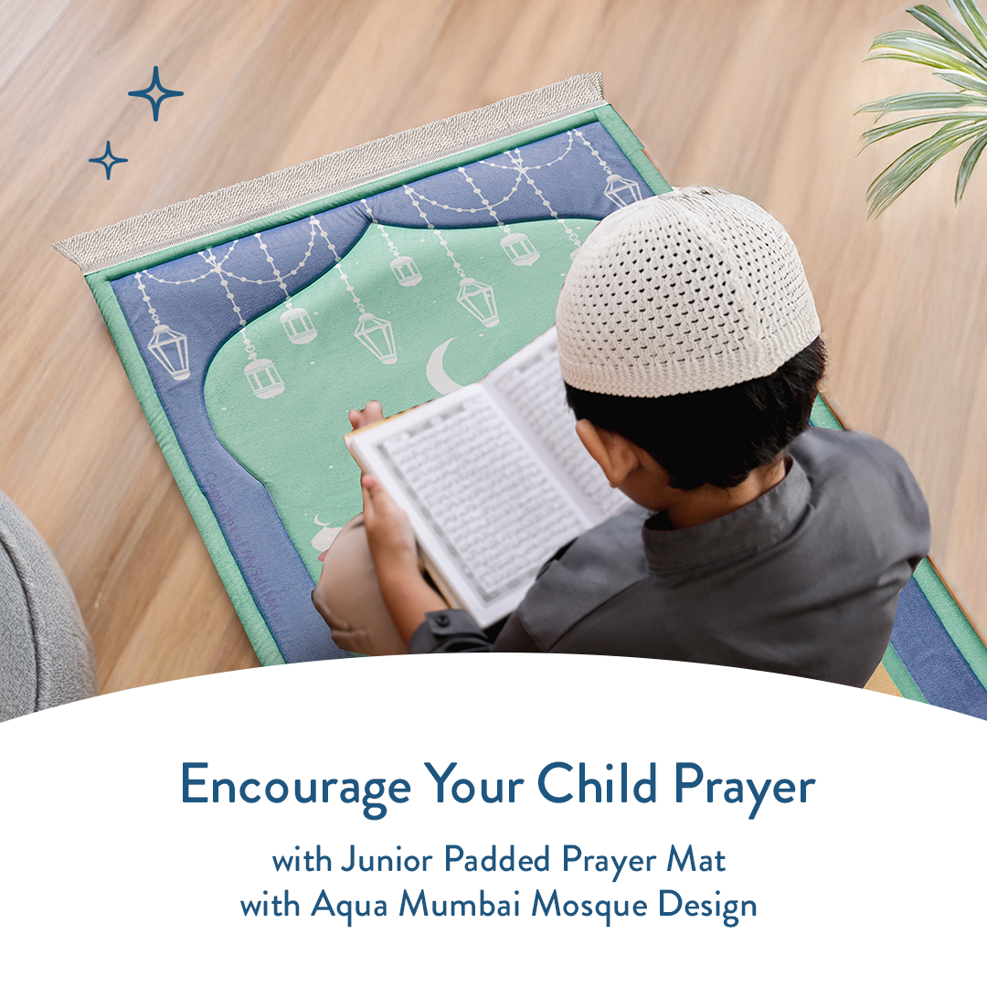 Padded Kids Prayer Mat with Aqua Mumbai Mosque Design by Urban Rugs UK