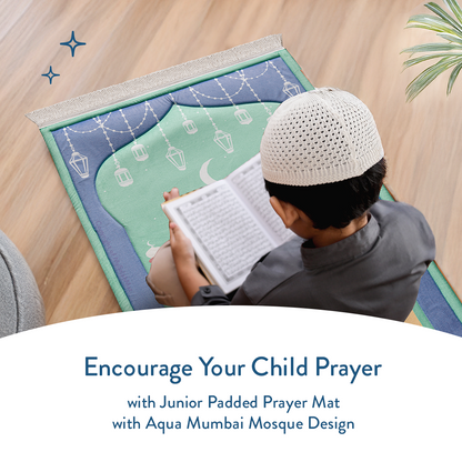 Padded Kids Prayer Mat with Aqua Mumbai Mosque Design by Urban Rugs UK