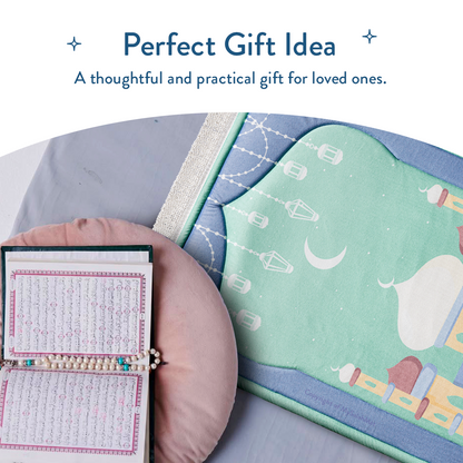Padded Kids Prayer Mat with Aqua Mumbai Mosque Design by Urban Rugs UK