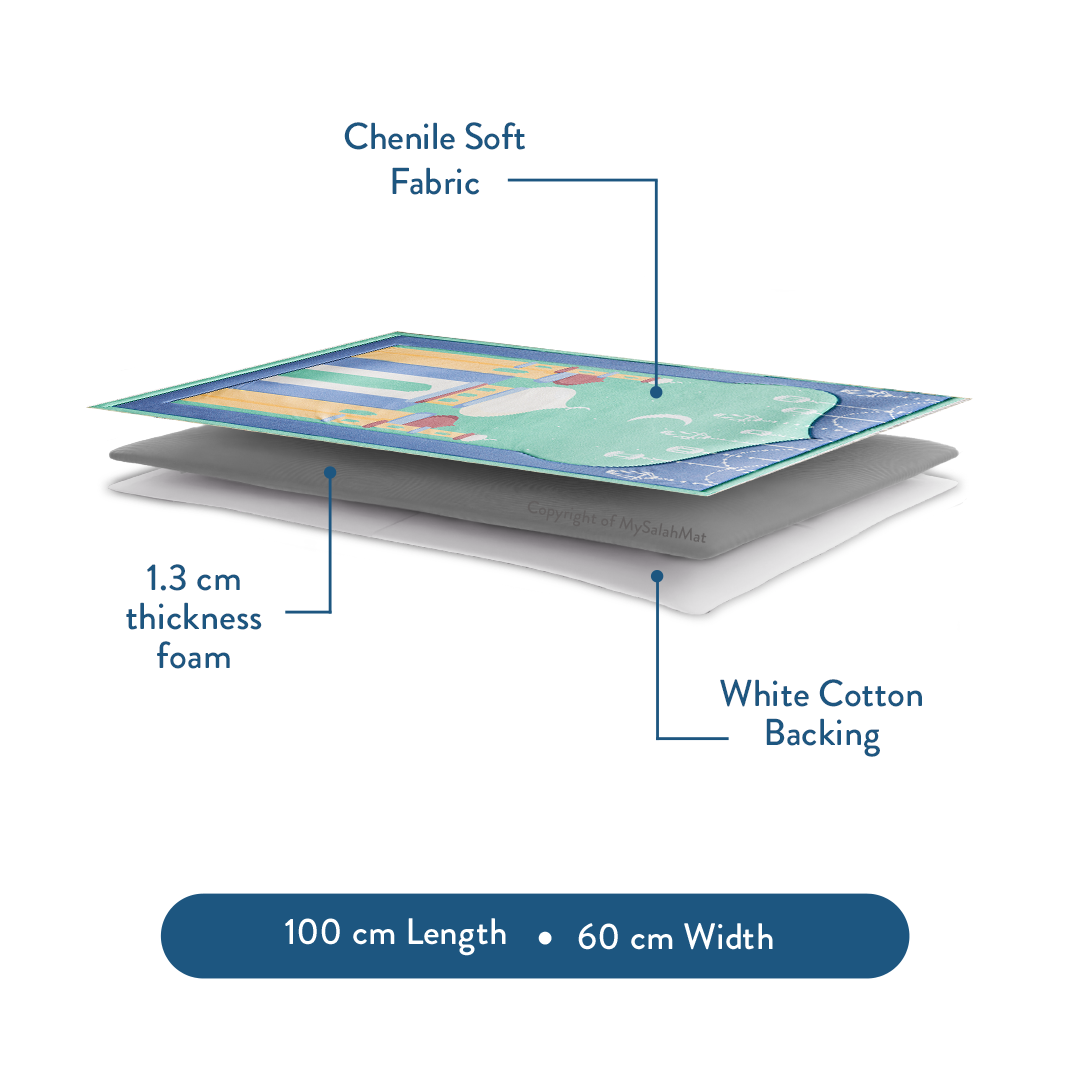 Padded Kids Prayer Mat with Aqua Mumbai Mosque Design by Urban Rugs UK