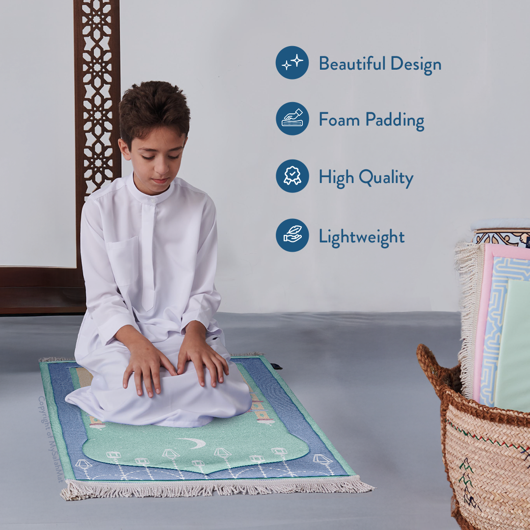 Padded Kids Prayer Mat with Aqua Mumbai Mosque Design by Urban Rugs UK