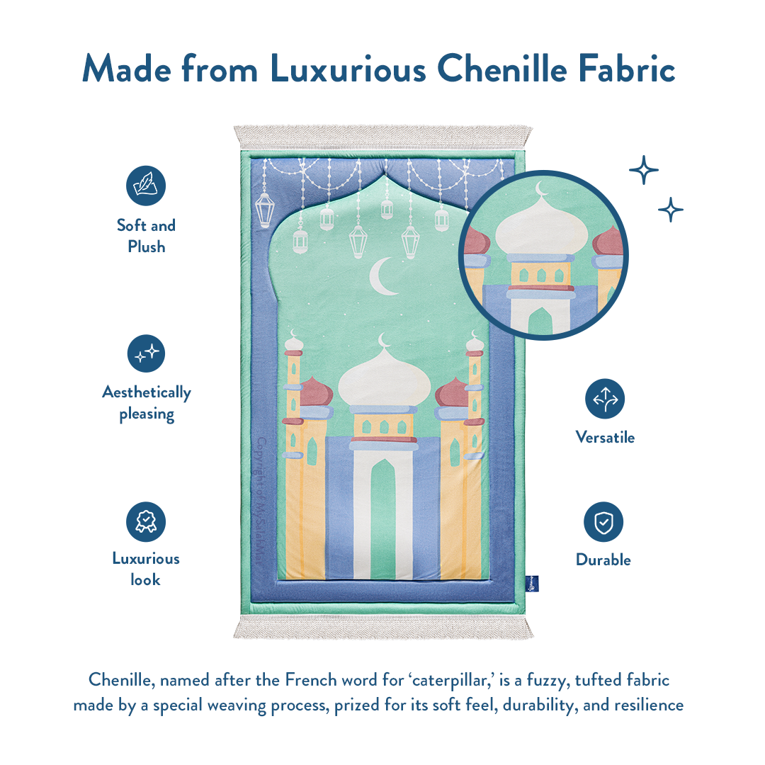 Padded Kids Prayer Mat with Aqua Mumbai Mosque Design by Urban Rugs UK