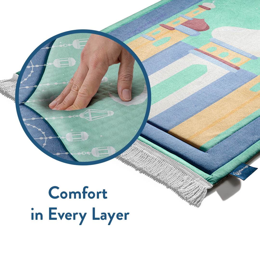 Padded Kids Prayer Mat with Aqua Mumbai Mosque Design by Urban Rugs UK