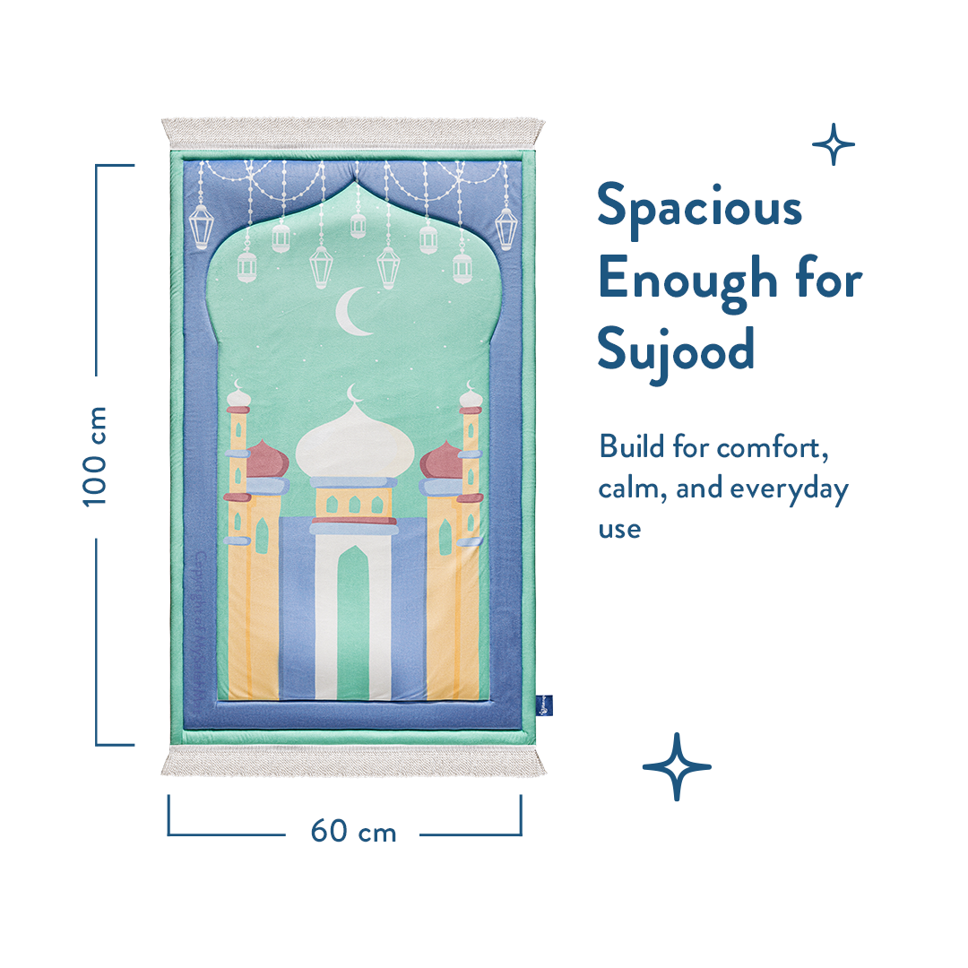 Padded Kids Prayer Mat with Aqua Mumbai Mosque Design by Urban Rugs UK