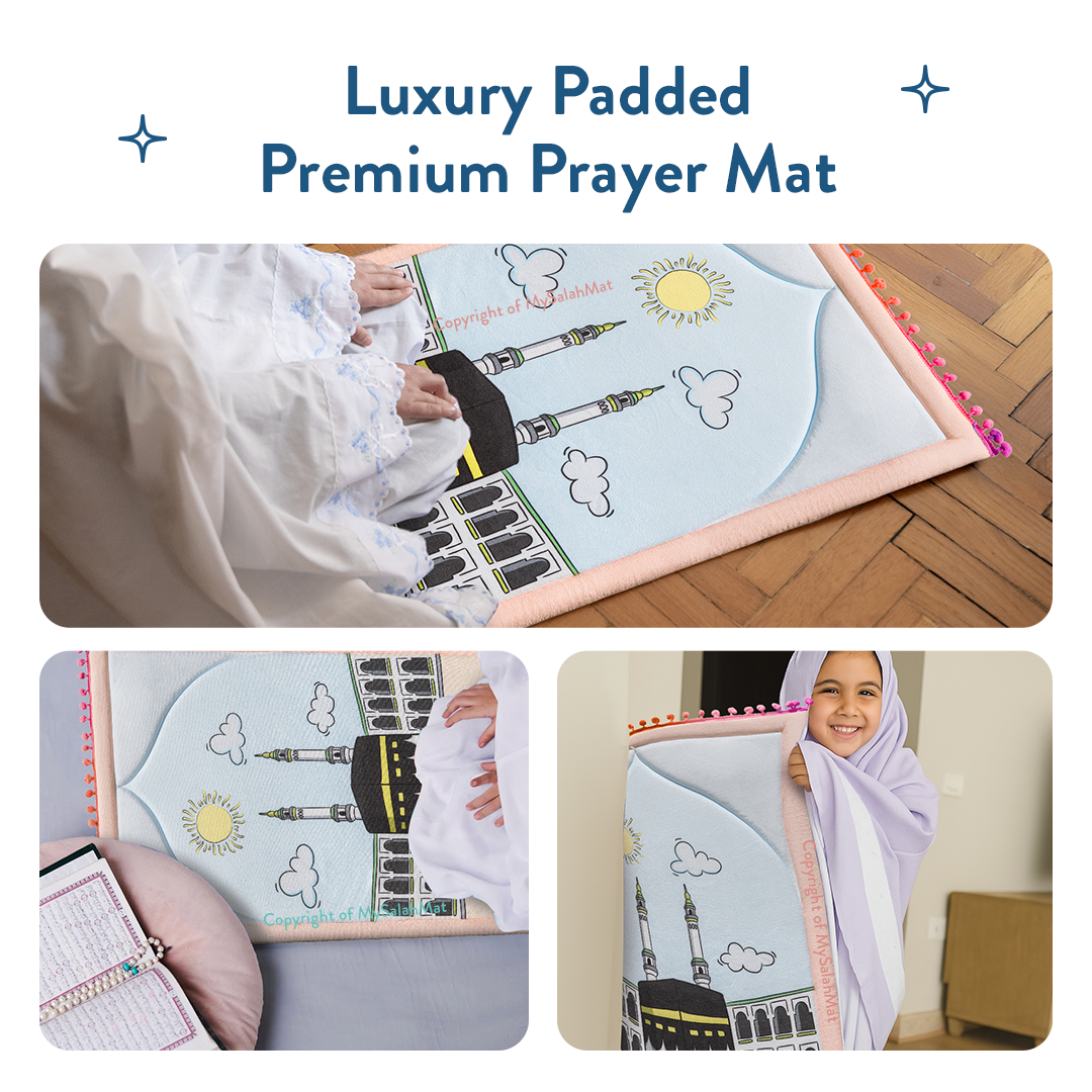 Padded Toddler Prayer Mat with Midday in Mecca Design by Urban Rugs UK | A beautiful Ramadan and Eid gift for loved ones