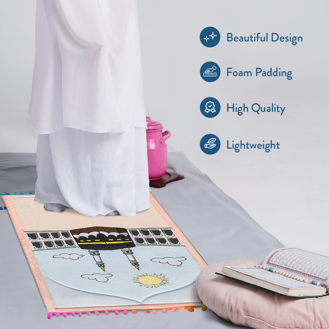 Padded Toddler Prayer Mat with Midday in Mecca Design by Urban Rugs UK | A beautiful Ramadan and Eid gift for loved ones