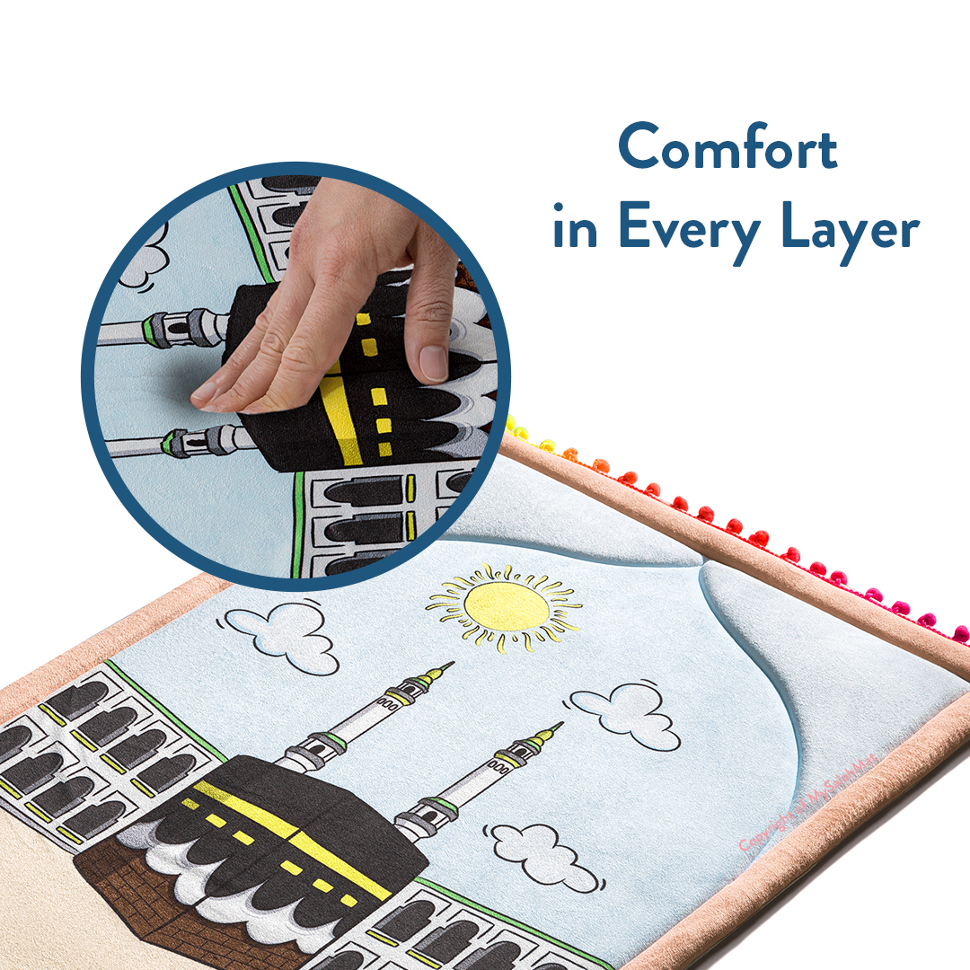 Padded Toddler Prayer Mat with Midday in Mecca Design by Urban Rugs UK | A beautiful Ramadan and Eid gift for loved ones