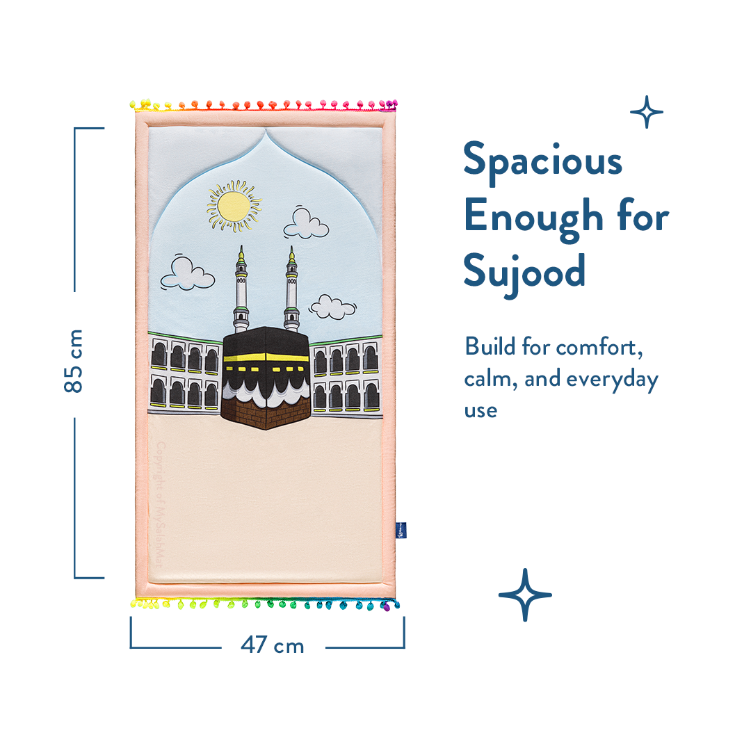 Padded Toddler Prayer Mat with Midday in Mecca Design by Urban Rugs UK | A beautiful Ramadan and Eid gift for loved ones
