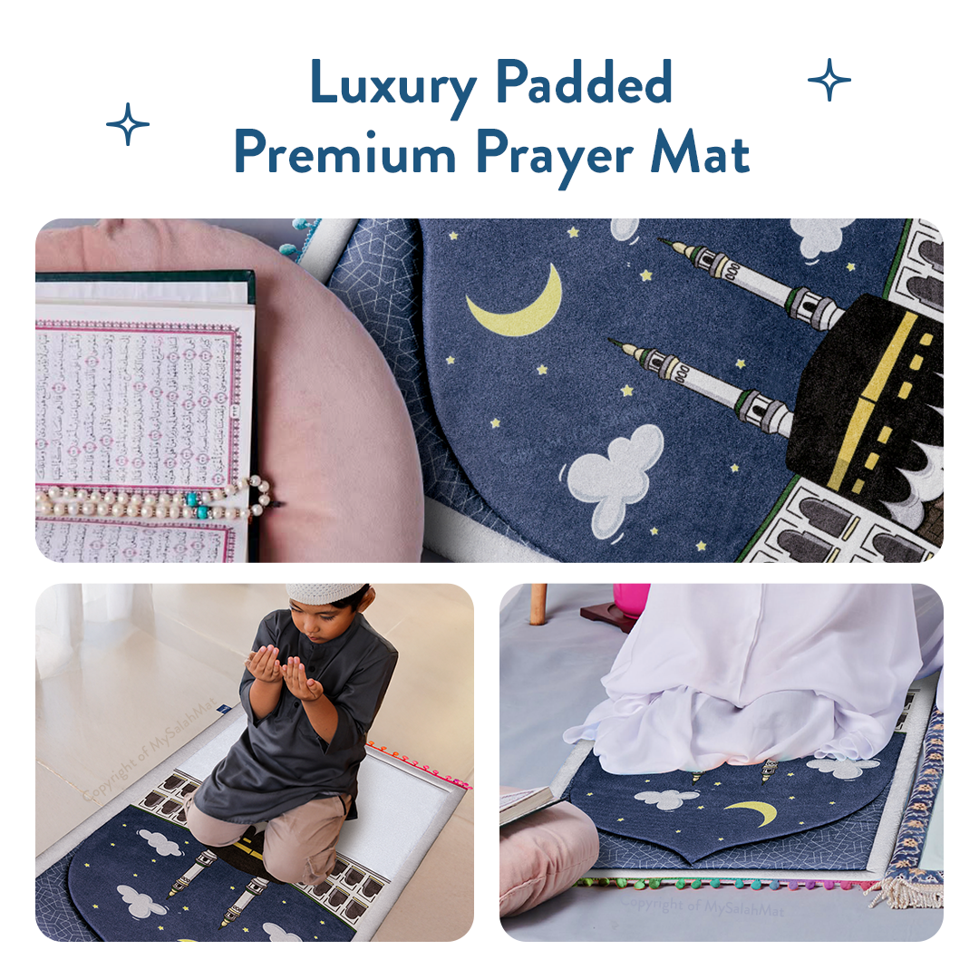 Padded Toddler Prayer Mat with Midnight in Mecca Design by Urban Rugs UK | A beautiful Ramadan and Eid gift for loved ones