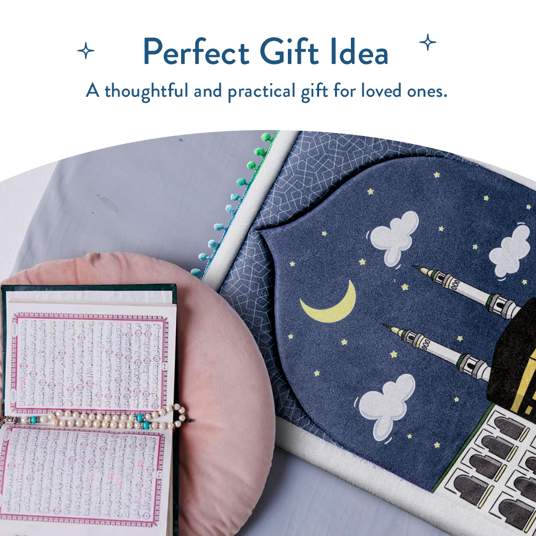 Padded Toddler Prayer Mat with Midnight in Mecca Design by Urban Rugs UK | A beautiful Ramadan and Eid gift for loved ones