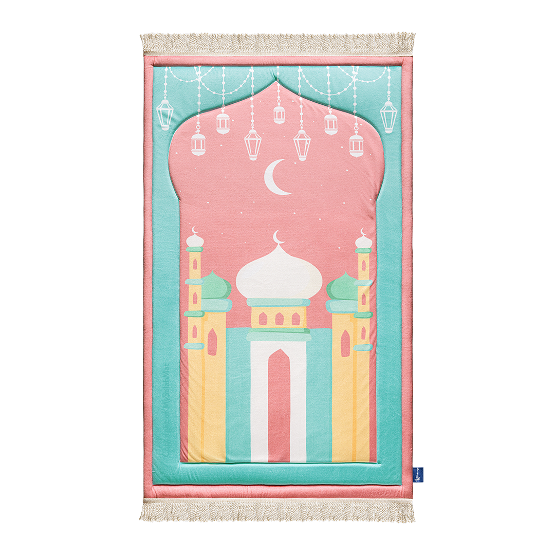Padded Kids Prayer Mat with Pink Mumbai Mosque Design by Urban Rugs UK