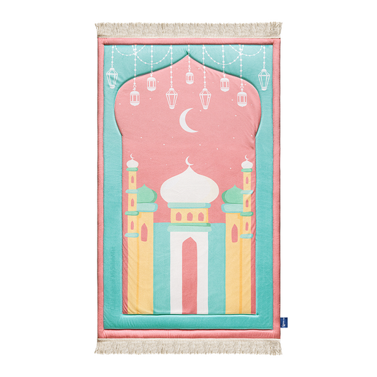 Padded Kids Prayer Mat with Pink Mumbai Mosque Design by Urban Rugs UK