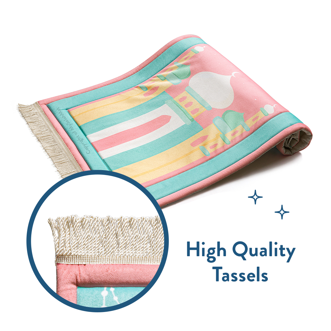 Padded Kids Prayer Mat with Pink Mumbai Mosque Design by Urban Rugs UK