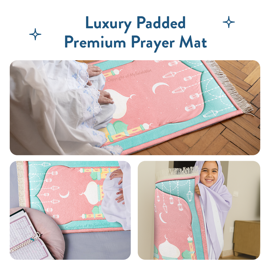 Padded Kids Prayer Mat with Pink Mumbai Mosque Design by Urban Rugs UK