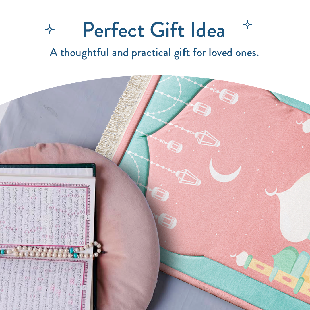 Padded Kids Prayer Mat with Pink Mumbai Mosque Design by Urban Rugs UK | A beautiful Ramadan and Eid gift for loved ones