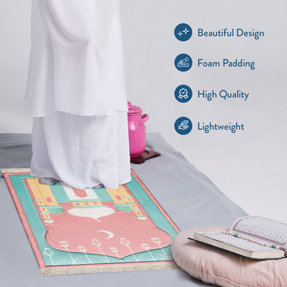 Padded Kids Prayer Mat with Pink Mumbai Mosque Design by Urban Rugs UK