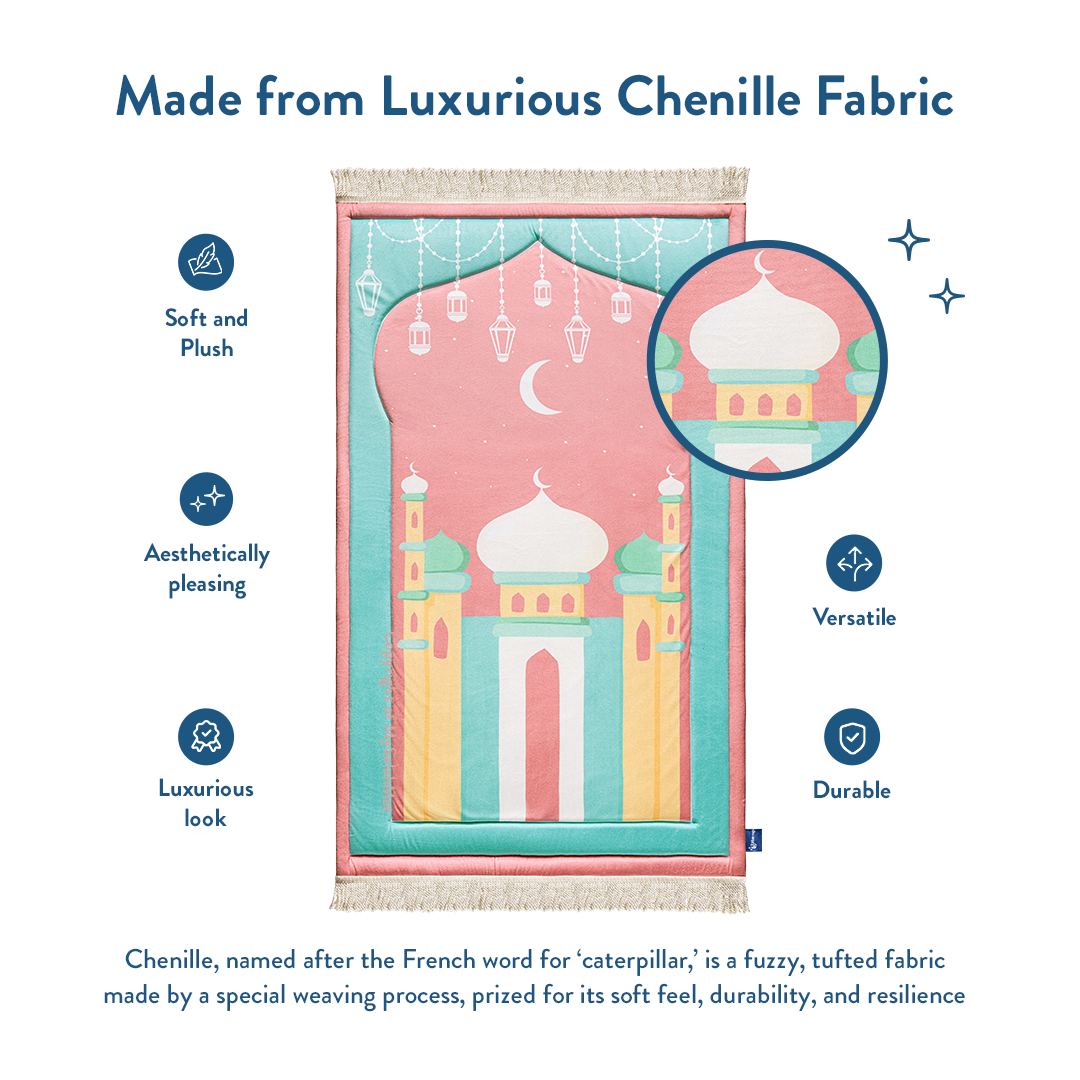 Padded Kids Prayer Mat with Pink Mumbai Mosque Design by Urban Rugs UK