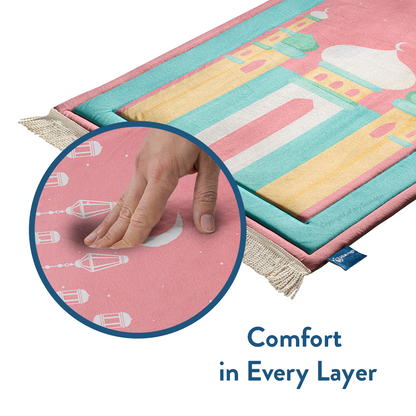 Padded Kids Prayer Mat with Pink Mumbai Mosque Design by Urban Rugs UK