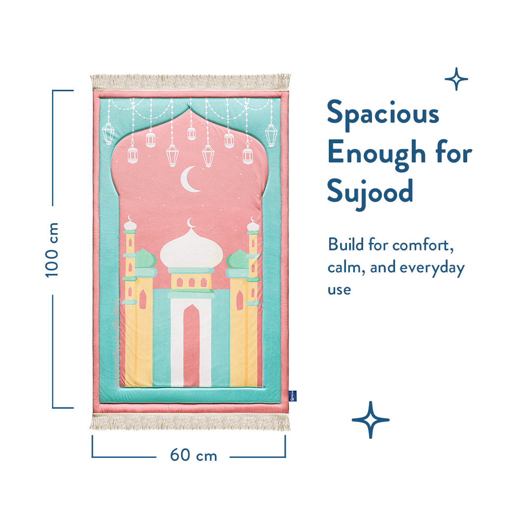 Padded Kids Prayer Mat with Pink Mumbai Mosque Design by Urban Rugs UK