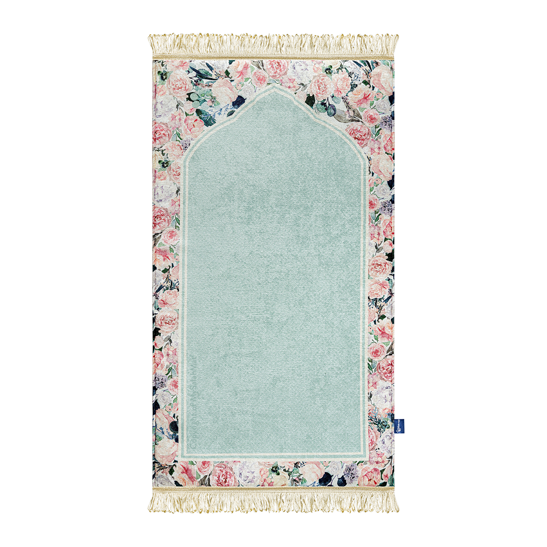 Adult Padded Prayer Mat with Soft Mint Floral Design | Urban Rugs UK | A beautiful Ramadan and Eid gift for loved ones