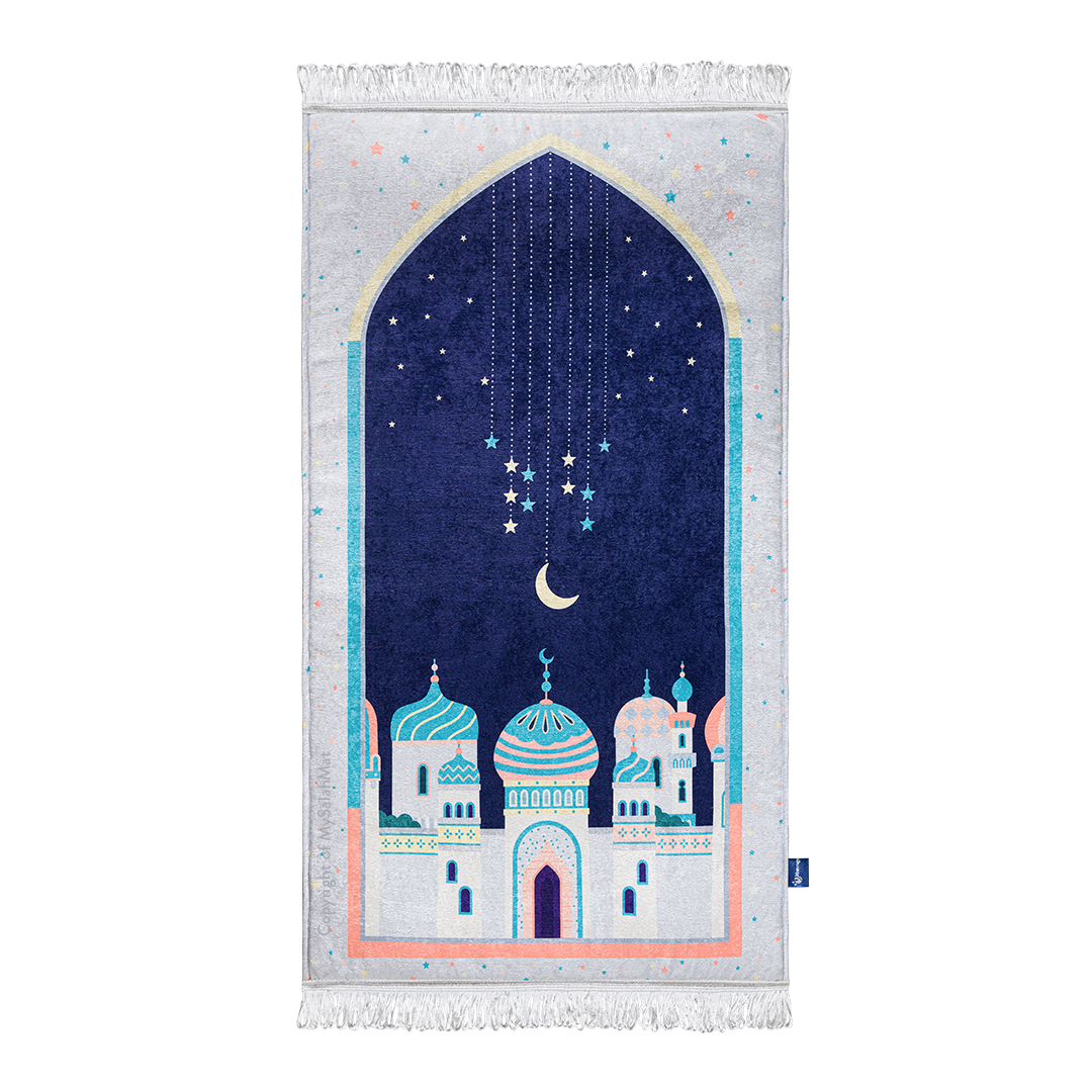 Adult Padded Prayer Mat with Blue Crescent Moon Design | Urban Rugs UK | A beautiful Ramadan and Eid gift for loved ones