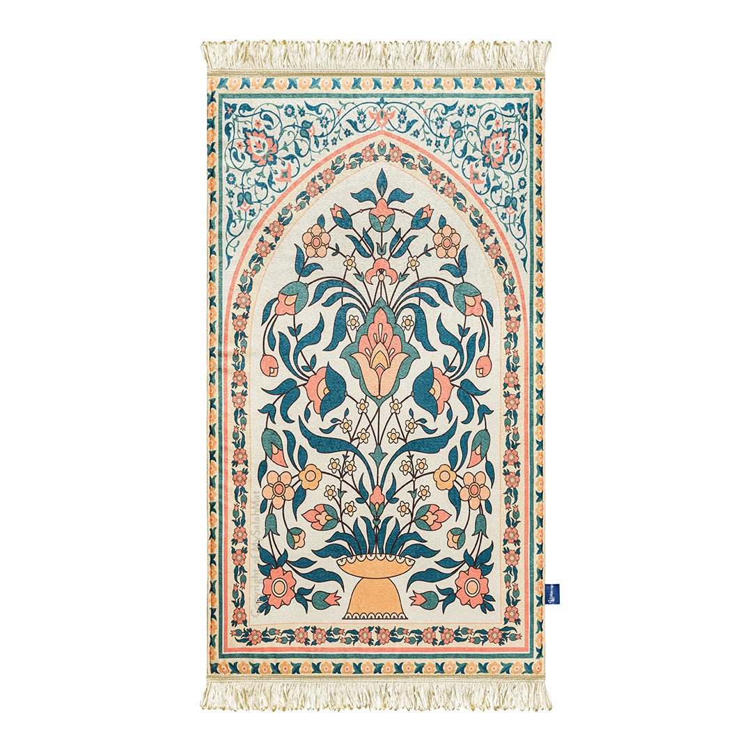Adult Padded Prayer Mat with Teal and Coral Floral Design | Urban Rugs UK | A beautiful Ramadan and Eid gift for loved ones