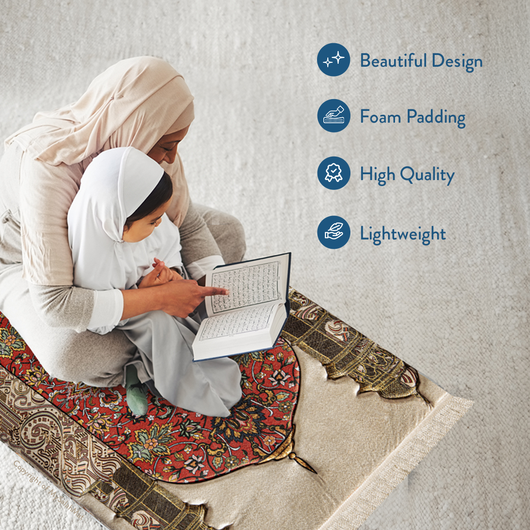 Adult Padded Prayer Mat with Reddish Flory Design by Urban Rugs UK | A beautiful Ramadan and Eid gift for loved ones