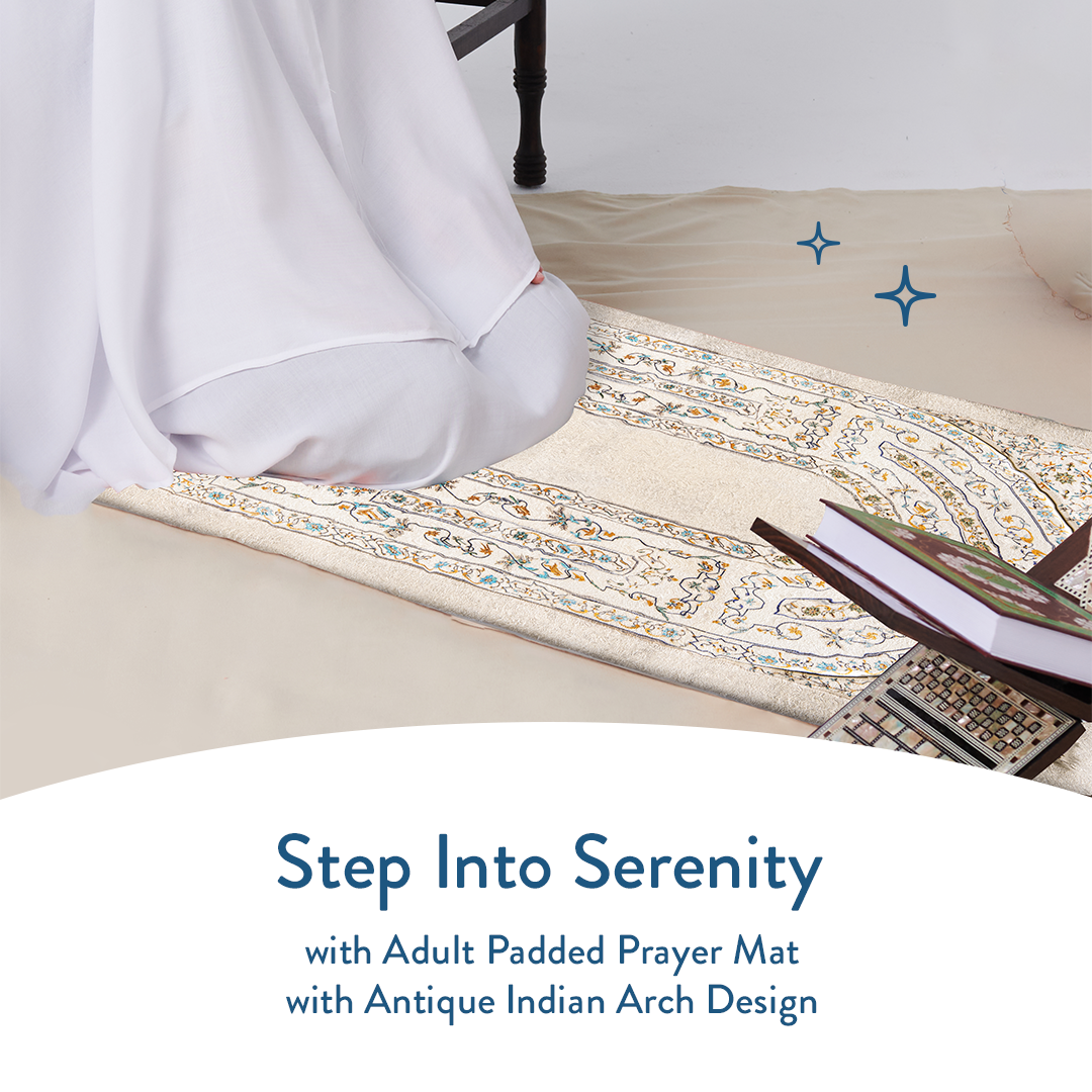 Person praying on adult padded prayer mat with antique Indian arch design by Urban Rugs UK
