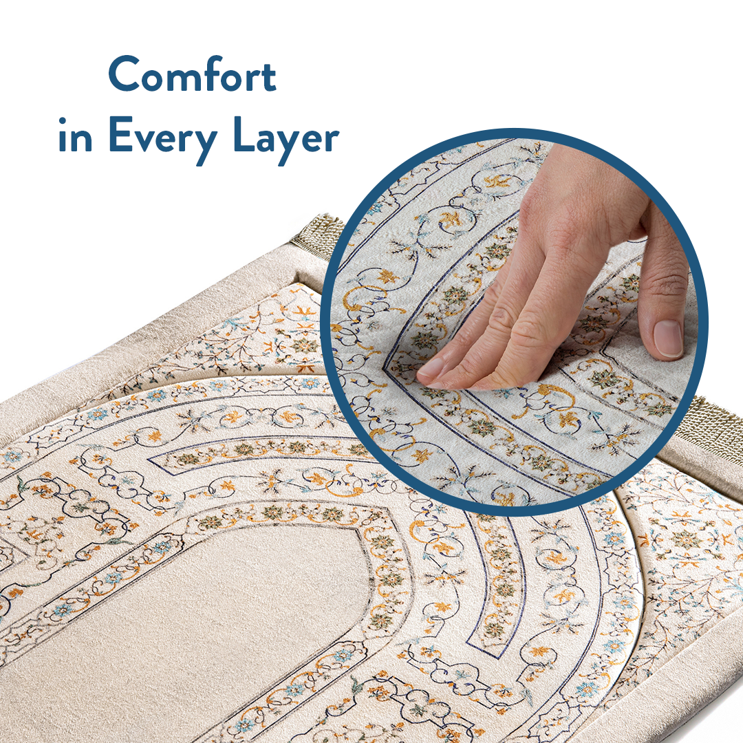 soft chenille surface of padded prayer mat with antique Indian arch design by Urban Rugs UK