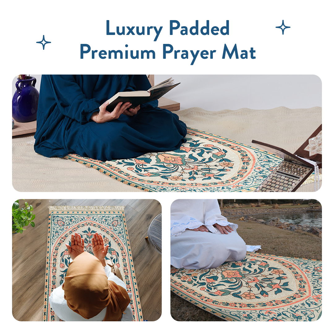 women worshipping on Luxury teal and coral floral padded prayer mat by urban rugs uk