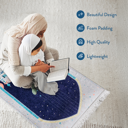 Mother and daughter reading Qur’an on Adult Padded Prayer Mat with Blue Crescent Moon Design by urban rugs uk