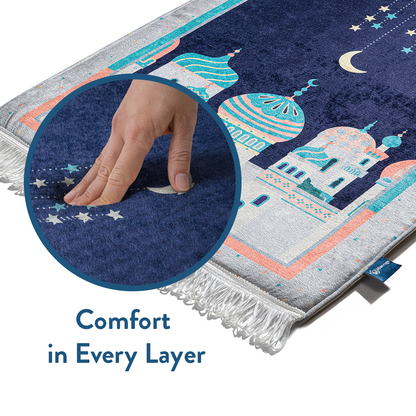 Hand pressing into soft, padded layers of Crescent Moon prayer mat by urban rugs uk