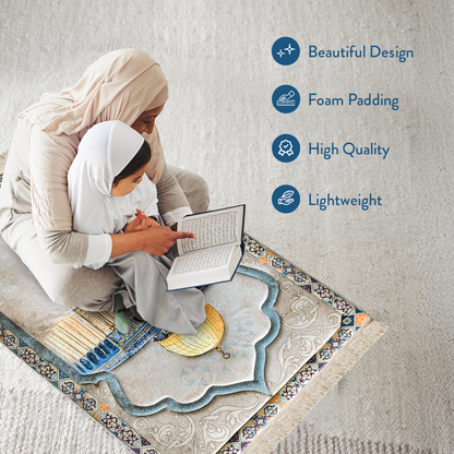 Mother & child reading Qur’an on padded Dome of the Rock prayer mat