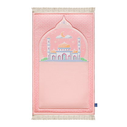 Padded Kids Prayer Mat with Blush Pink Masjid design from Urban Rugs UK.