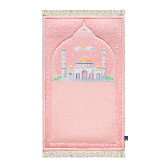 Padded Kids Prayer Mat with Blush Pink Masjid design from Urban Rugs UK.