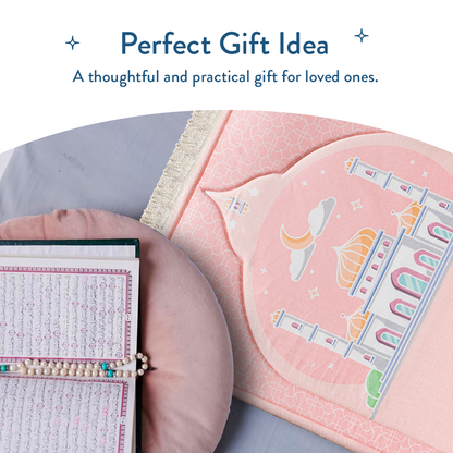 Blush Pink Padded Kids Prayer Mat next to open Qur’an - urban rugs uk