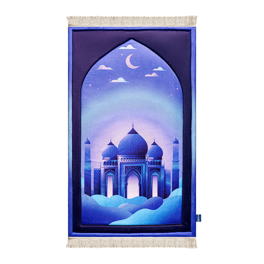 Blue padded prayer mat with illustrated mosque by urban rugs uk