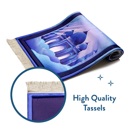 Rolled view of Padded Kids Prayer Mat with Twilight Masjid Design, featuring high-quality cream tassels by urban rugs uk