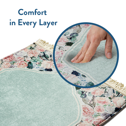 Hand pressing into Soft Mint Floral Design prayer mat by urban rugs uk