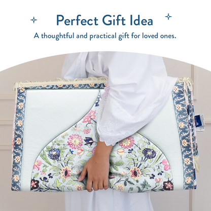 Woman holding adult padded prayer mat with Spring Blossom design from Urban Rugs UK