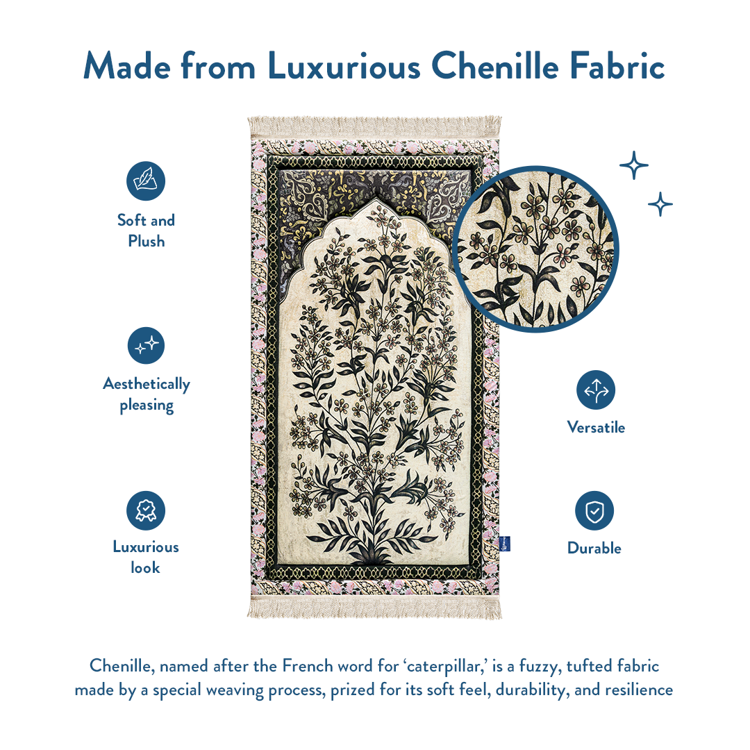 close-up of luxurious chenille fabric of padded prayer mat with vintage botanical design by urban rugs uk