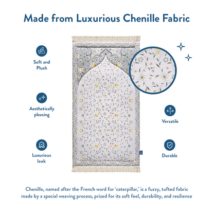 Close-up of chenille fabric texture on padded prayer mat by Urban Rugs UK